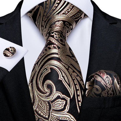 Luxury Orange Paisley Men's Tie Set for Business, Office, Party, Wedding| 3.15 Inch Silk Polyester Necktie, Cufflinks & Pocket Square - Perfect Gift for Him