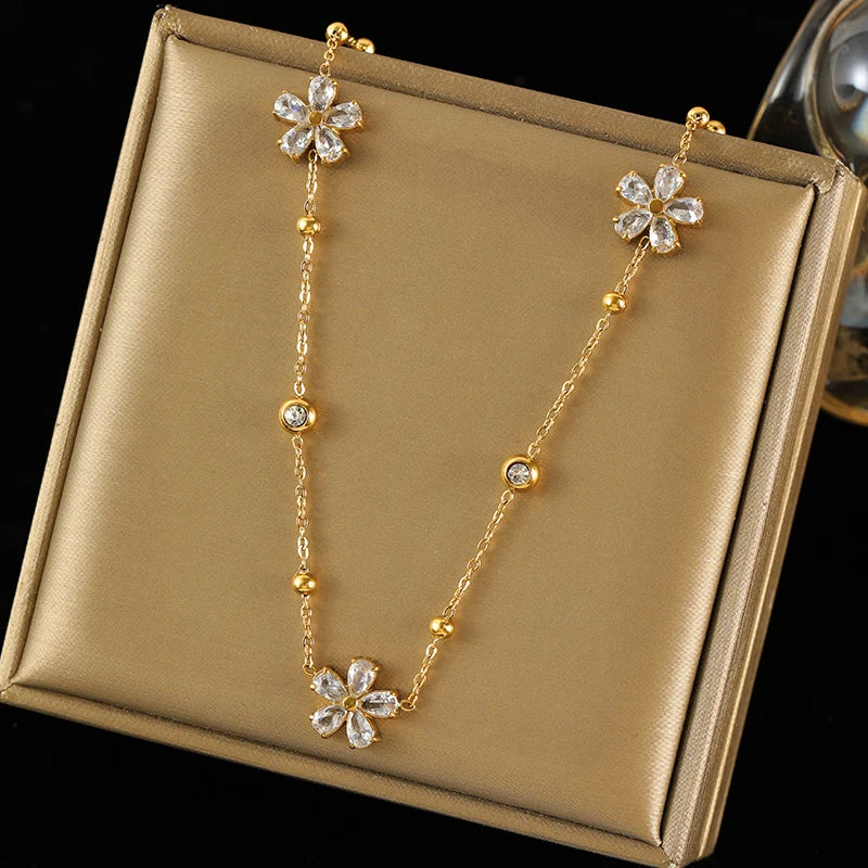 EILIECK 316L Stainless Steel White Zirconia Flower Petal Necklace Bracelet Earrings Set For Women New Trendy Jewelry Party Gift