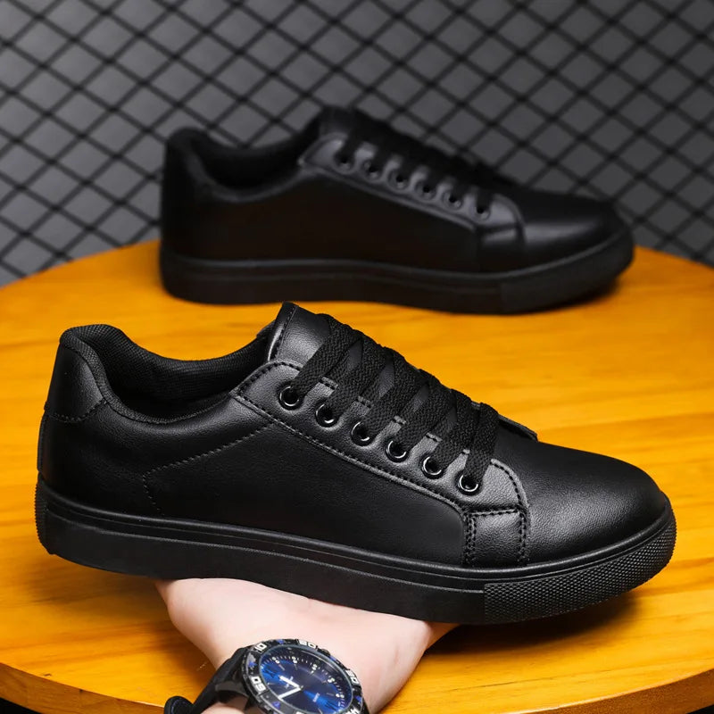 Hot Men’s Fashion Sneakers – Stylish Leather Flat Shoes for Everyday Comfort, White & Black Non-Slip Vulcanized Design - Gift for Him
