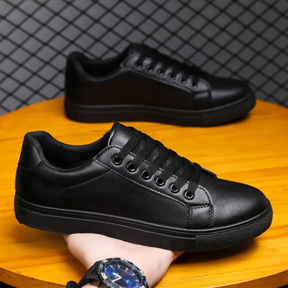 Hot Men’s Fashion Sneakers – Stylish Leather Flat Shoes for Everyday Comfort, White & Black Non-Slip Vulcanized Design - Gift for Him