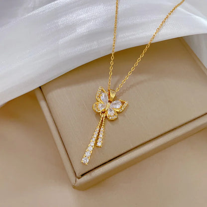 Zircon Inlaid Stainless Steel Choker Necklace for Women - Flower Butterfly Moon Design Pendant Tassel Clavicle Jewelry - Perfect Gift for Her