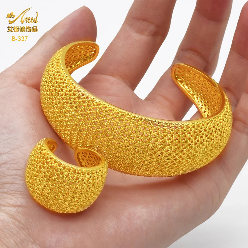 ANIID Dubai 24k Golden Cuff Bangles For Women - African Luxury Charm Bracelet Bangles Nigerian Wedding Gold Color Jewelry Gifts