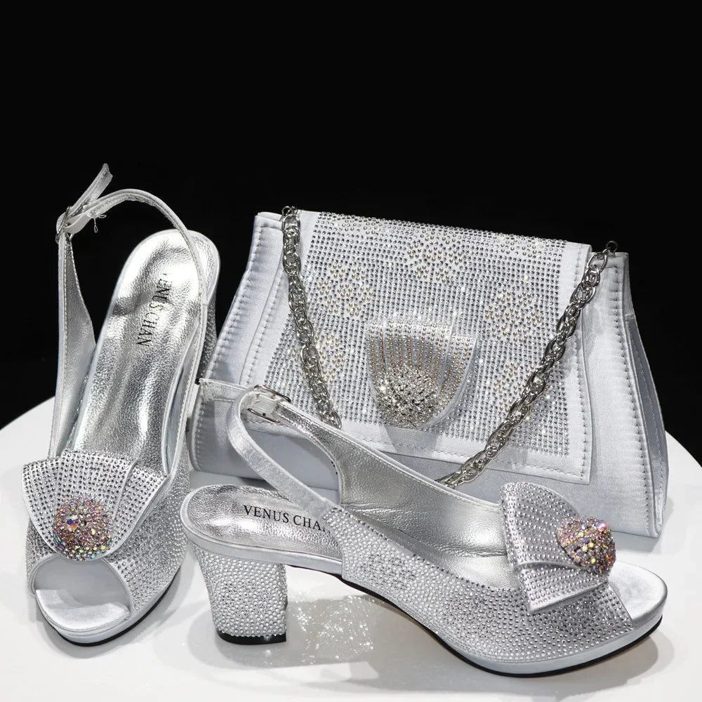 Women’s Wedding Shoes & Matching Diamond Bag Set – Italian Style Girly Glam Look Sandal & Clutch Handbag - Elegant Gift for Her