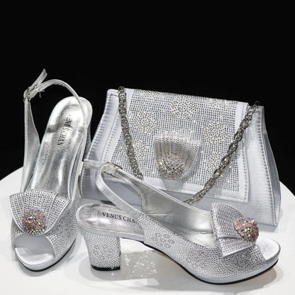 Women’s Wedding Shoes & Matching Diamond Bag Set – Italian Style Girly Glam Look Sandal & Clutch Handbag - Elegant Gift for Her