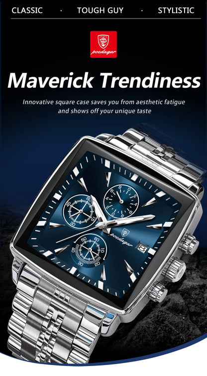 POEDAGAR Square Men’s Watch, Waterproof – Premium Stainless Steel Chronograph with Luminous Display Casual Wrist Watch. Gift for all.