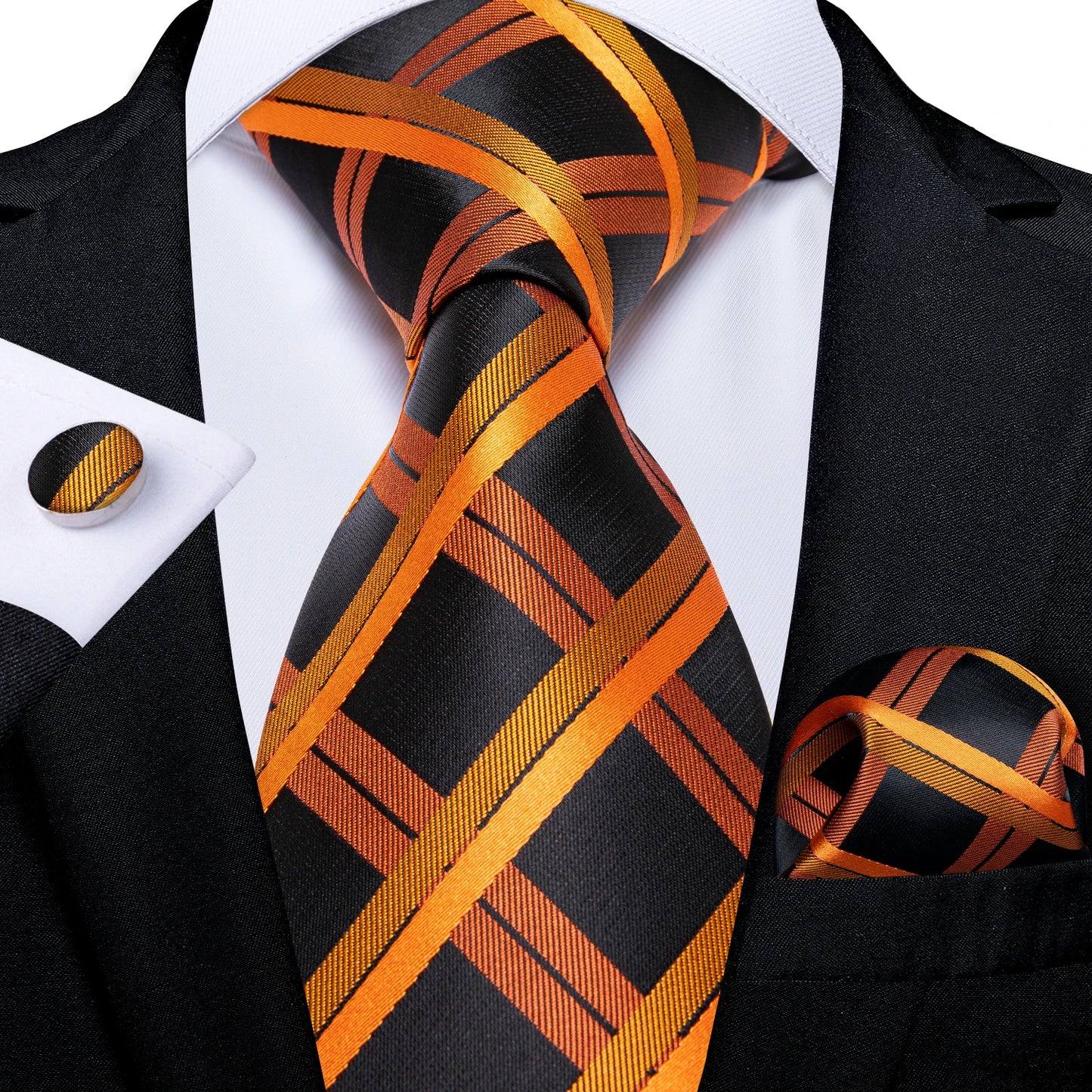 Luxury Orange Paisley Men's Tie Set for Business, Office, Party, Wedding| 3.15 Inch Silk Polyester Necktie, Cufflinks & Pocket Square - Perfect Gift for Him