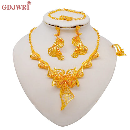 African Indian Gold Jewelry Set for Women – Dubai Style Bridal Tassel Long Necklace, Earrings, Ring & Bangle - Ideal Gift for Her