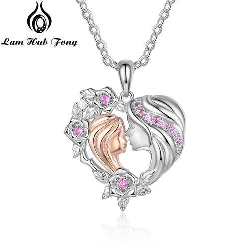 Silver Mother-Daughter Heart Necklace for Mom: Flower & Leaf Design, Rhodium Plated Stylish Necklace for Mother's Day - Excellent Gift for Mother