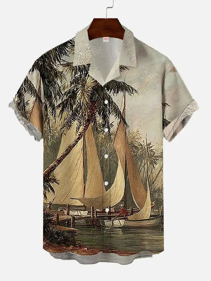 Men’s 3D Hawaiian Shirt for Summer – Coconut Tree Sunset Print Short Sleeve Beach Top - Perfect Gift for Him