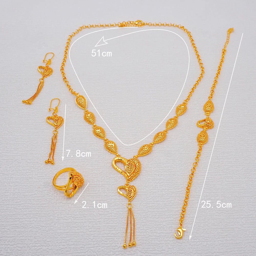 African Indian Gold Jewelry Set for Women – Dubai Style Bridal Tassel Long Necklace, Earrings, Ring & Bangle - Ideal Gift for Her