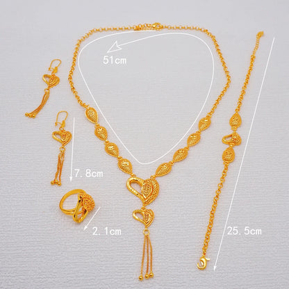 African Indian Gold Jewelry Set for Women – Dubai Style Bridal Tassel Long Necklace, Earrings, Ring & Bangle - Ideal Gift for Her