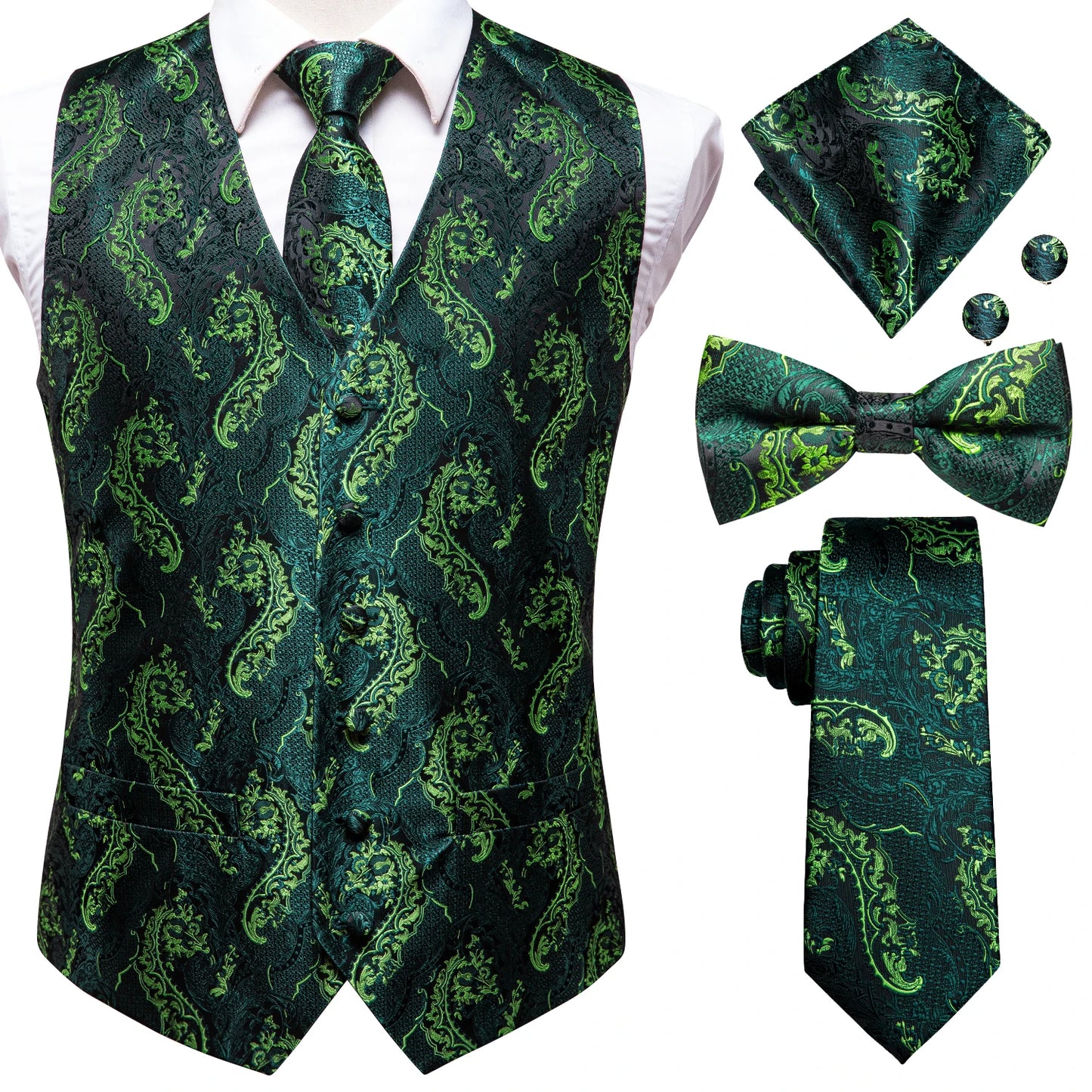 Elegant Men's Formal Silk Vest & Accessories By Hi-Tie | Waistcoat Set with Tie, Bowtie, Hanky, Cufflinks for Business, Office, Party, Wedding - Ideal Gift for Him