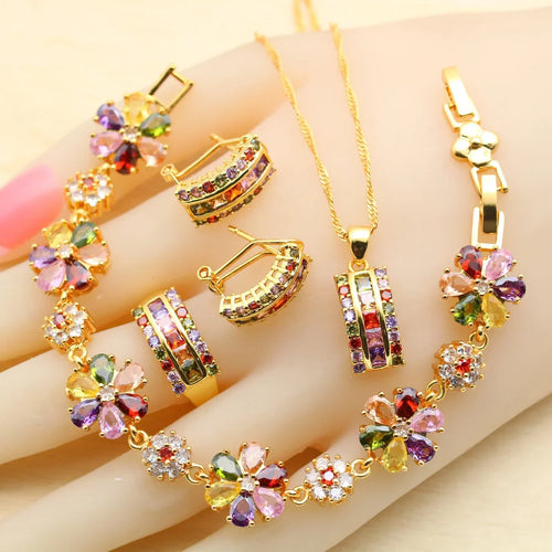 Square Multicolor Zirconia Gold-Plated Jewelry Set for Women | Necklace, Earrings, Ring, Bracelet & Pendant - Perfect Birthday Gift