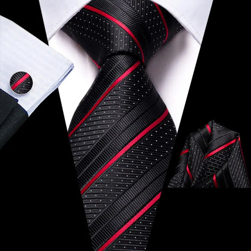 Men's Black and Red Striped Silk Wedding Tie - Fashion Business Party Necktie with Hanky Cufflink - Ideal Gift for men.