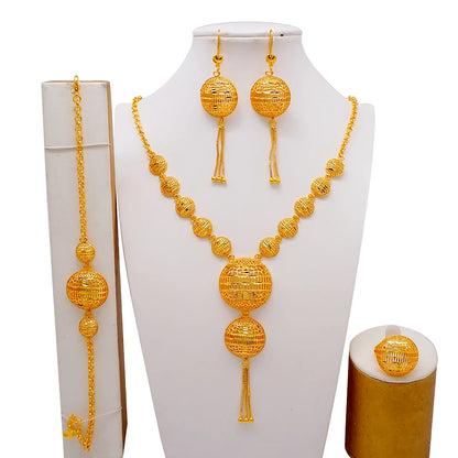 African Indian Gold Jewelry Set for Women – Dubai Style Bridal Tassel Long Necklace, Earrings, Ring & Bangle - Ideal Gift for Her