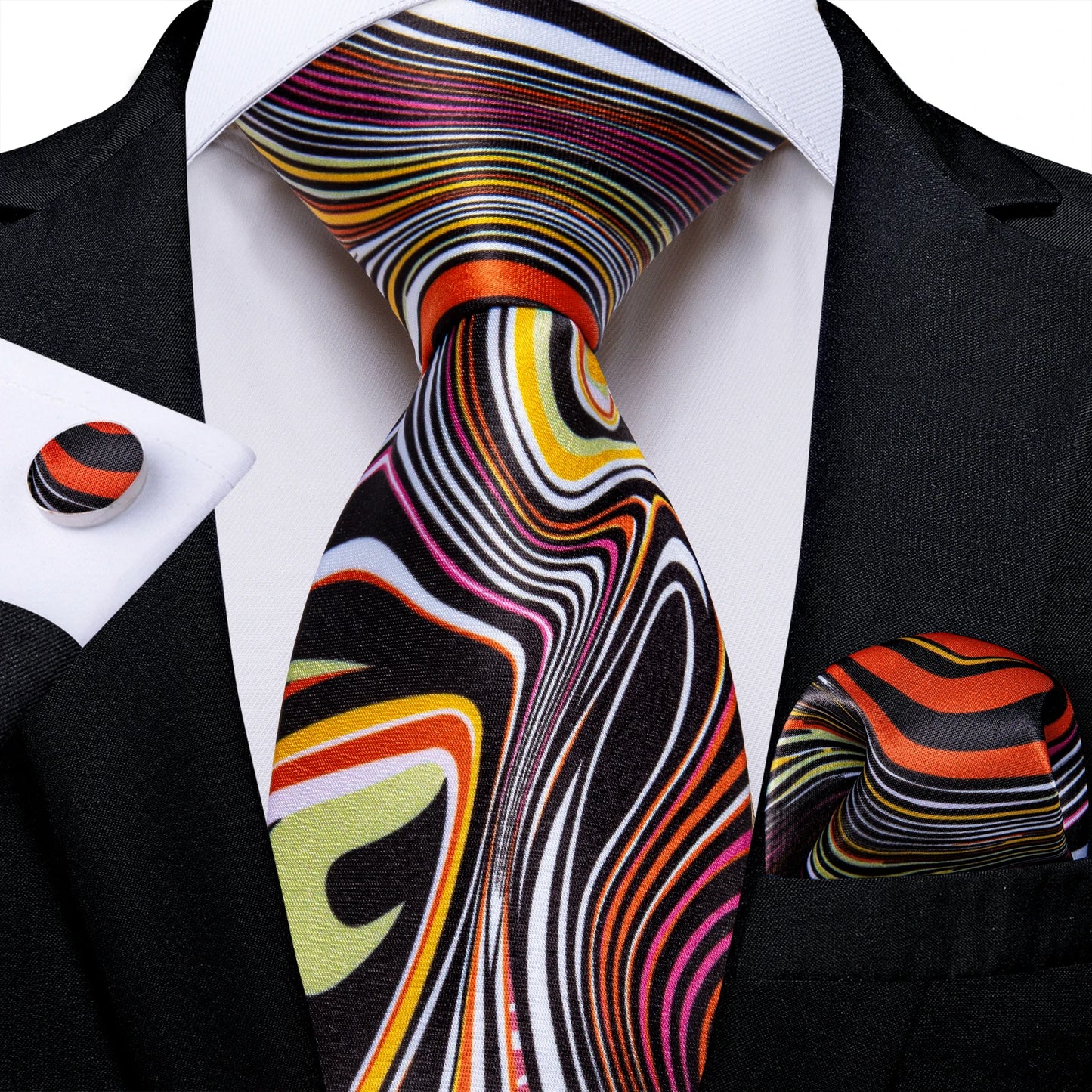 Luxury Orange Paisley Men's Tie Set for Business, Office, Party, Wedding| 3.15 Inch Silk Polyester Necktie, Cufflinks & Pocket Square - Perfect Gift for Him