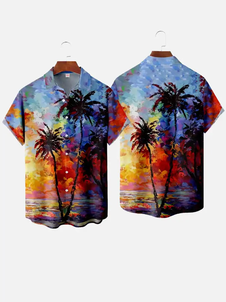 Men’s 3D Hawaiian Shirt for Summer – Coconut Tree Sunset Print Short Sleeve Beach Top - Perfect Gift for Him