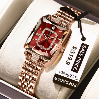 Luxury Rectangle Stainless Steel Women’s Wristwatch | POEDAGAR Waterproof Quartz Watch with Date Display | Ideal Gift for Her