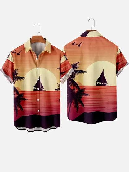 Men’s 3D Hawaiian Shirt for Summer – Coconut Tree Sunset Print Short Sleeve Beach Top - Perfect Gift for Him