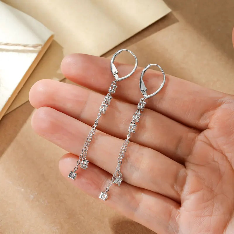 925 Silver Moissanite Tassel Earrings – RAPRGOLD Certified Dangling Hoop Jewelry Gift for Her