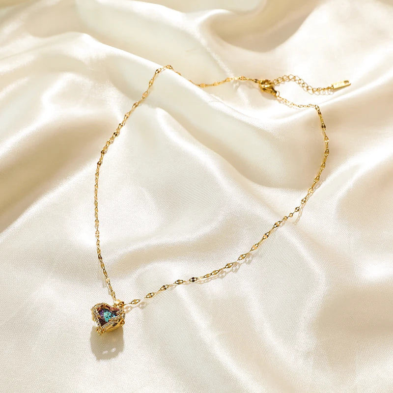 EILIECK 316L Stainless Steel White Green Red Zirconia Crystal Necklace For Women Fashion Neck Jewelry Wedding Party Accessories