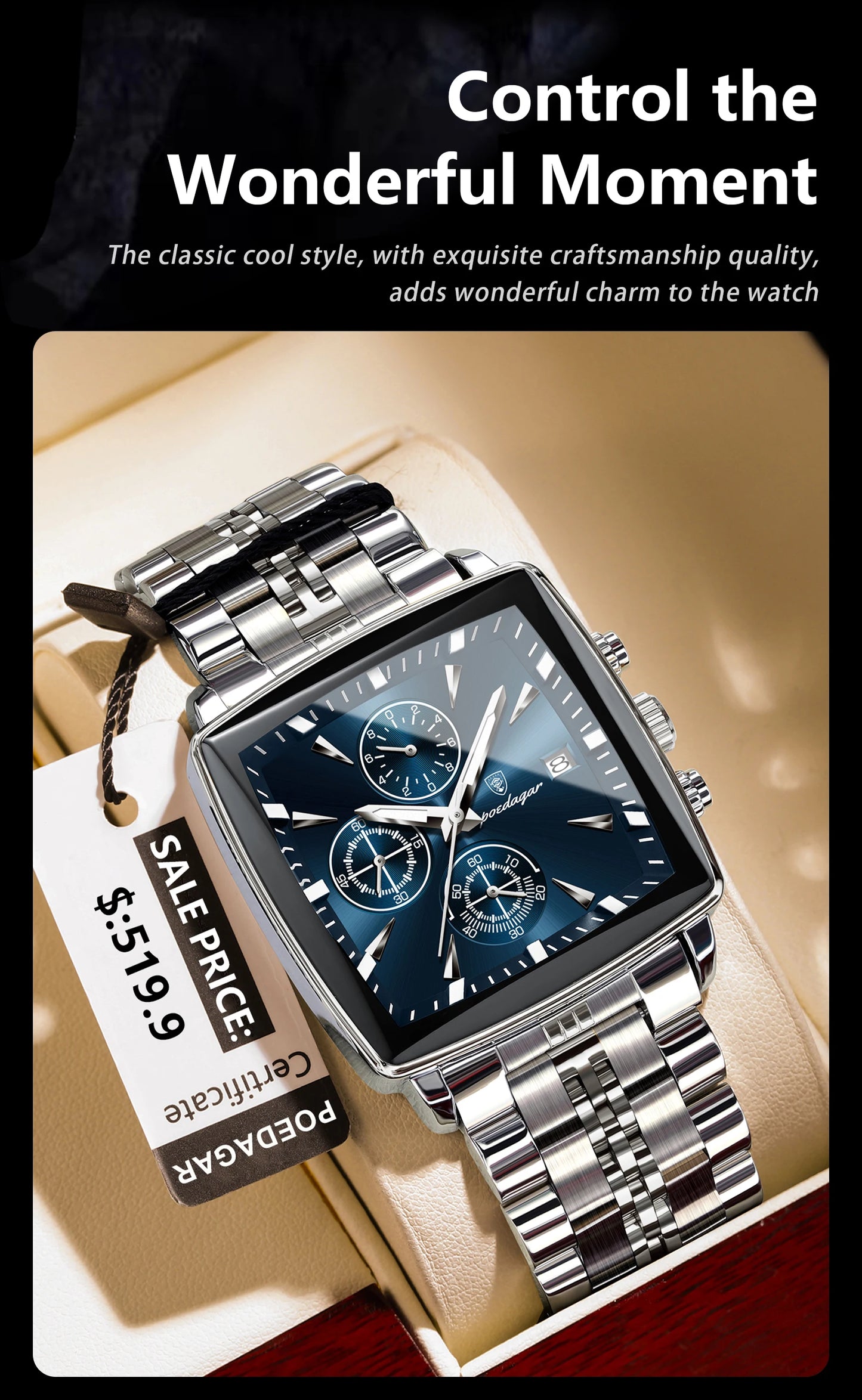 POEDAGAR Square Men’s Watch, Waterproof – Premium Stainless Steel Chronograph with Luminous Display Casual Wrist Watch. Gift for all.