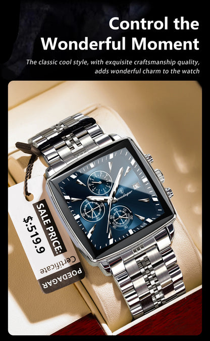 POEDAGAR Square Men’s Watch, Waterproof – Premium Stainless Steel Chronograph with Luminous Display Casual Wrist Watch. Gift for all.