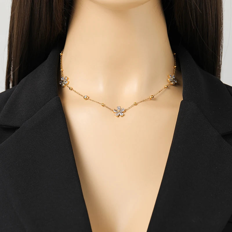 EILIECK 316L Stainless Steel White Zirconia Flower Petal Necklace Bracelet Earrings Set For Women New Trendy Jewelry Party Gift