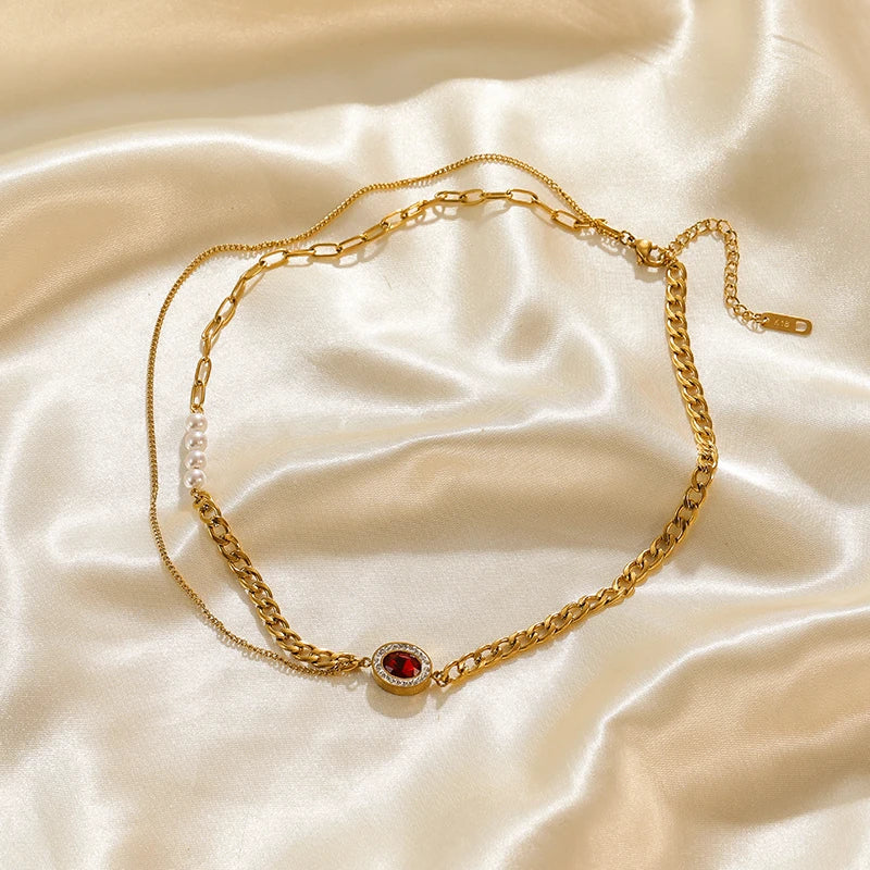 EILIECK 316L Stainless Steel White Green Red Zirconia Crystal Necklace For Women Fashion Neck Jewelry Wedding Party Accessories