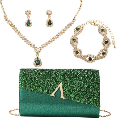 4PCS Evening Purse and Jewelry Set for Women – Glitter Clutch with Matching Necklace, Earrings & Bracelet for Banquet or Bridal Events - Elegant Gift for Her