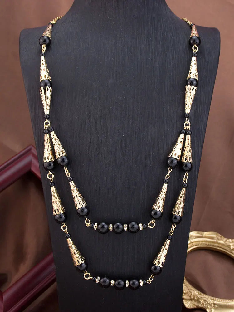 Sunspicems Long Double Layered Bead Chain Necklace for Women Gold Color Arabic Bridal Jewelry & Middle East Caftan Neck Chain