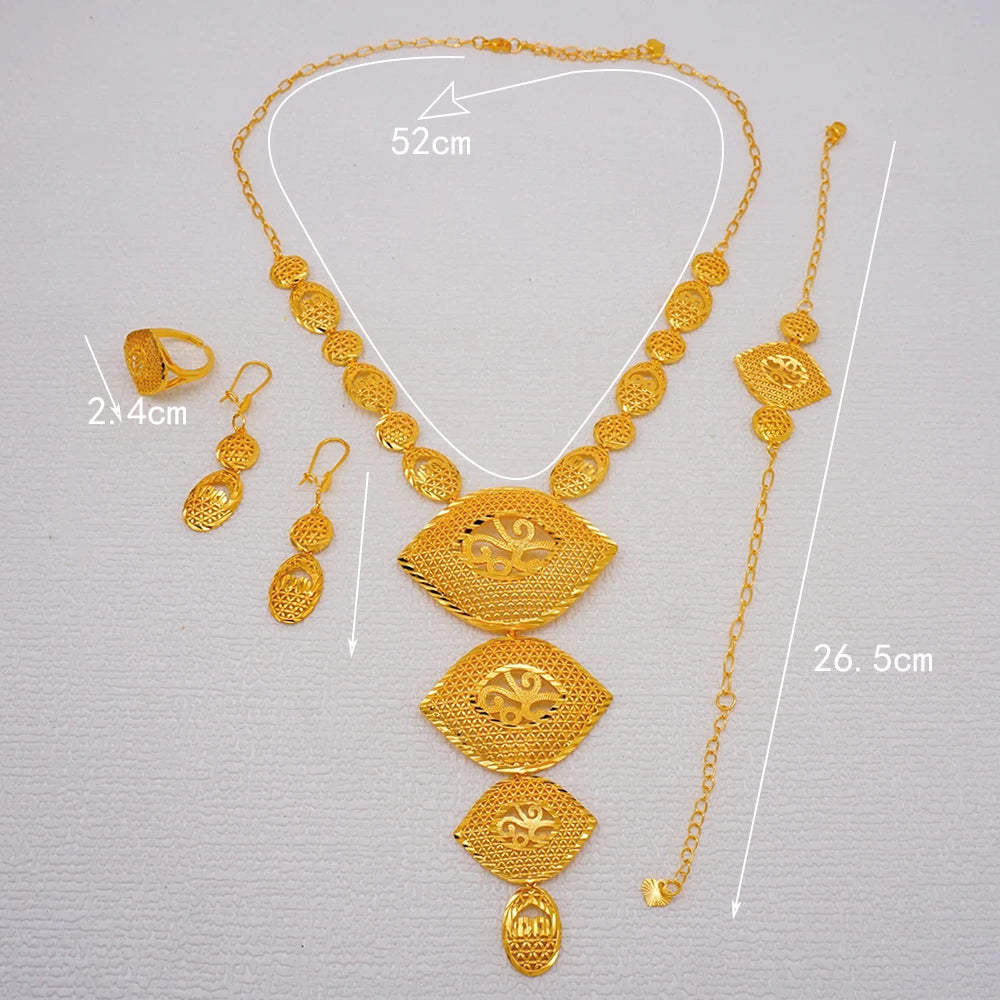 African Indian Gold Jewelry Set for Women – Dubai Style Bridal Tassel Long Necklace, Earrings, Ring & Bangle - Ideal Gift for Her