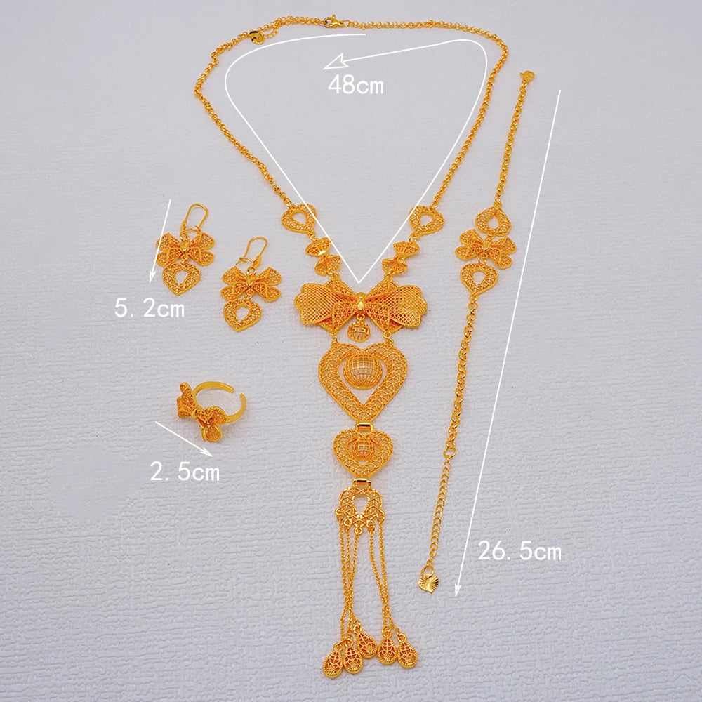 African Indian Gold Jewelry Set for Women – Dubai Style Bridal Tassel Long Necklace, Earrings, Ring & Bangle - Ideal Gift for Her