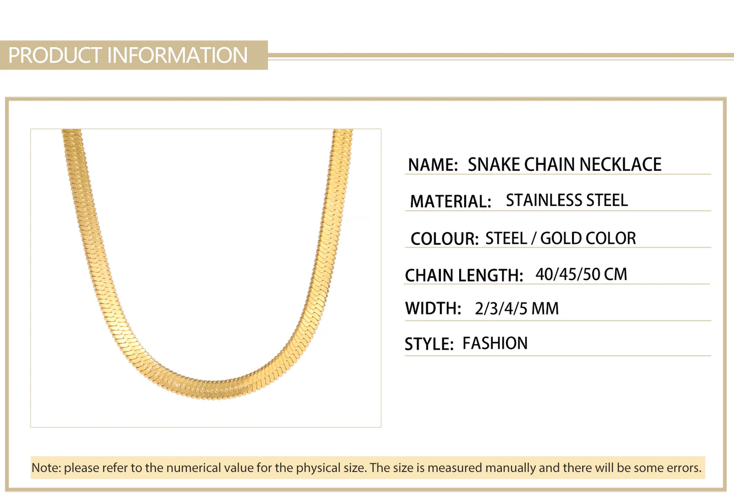 Gold Color Stainless Steel Snake Chain Necklace - Anti-Rust, Hypoallergenic, Fade-Resistant Choker Necklace - 2024 Trend Jewelry Gift for women