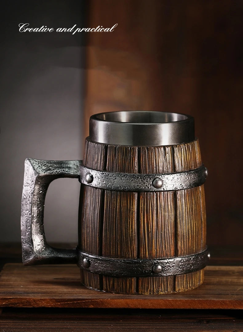 Viking Wood Style 3D Resin Beer Mug - Double Wall  Thermal  Beer Jug Stainless Steel Coffee Cup  Perfect for Outdoor Setting & Parties- Excellent Gift for All