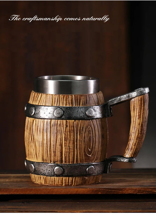 Viking Wood Style 3D Resin Beer Mug - Double Wall  Thermal  Beer Jug Stainless Steel Coffee Cup  Perfect for Outdoor Setting & Parties- Excellent Gift for All