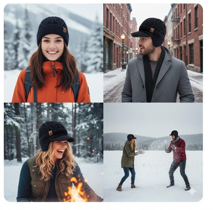 Unisex Winter Beanie with Brim and Ear Flaps, Fleece Lined Warm Knit Hat for Men Women Outdoor Thermal Stocking Cap