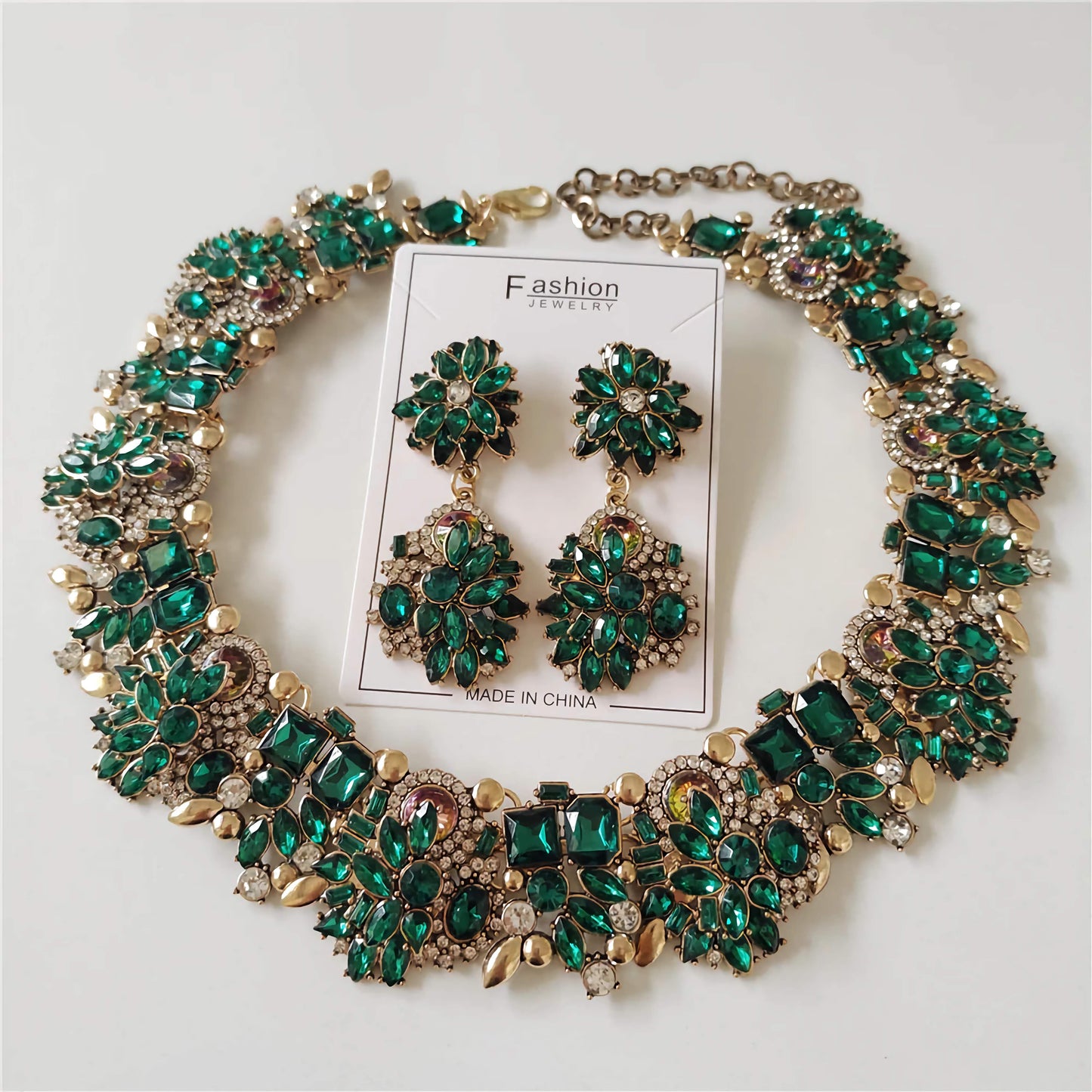 2024 Trendy Green Crystal Rhinestone Jewelry Set – Indian Statement Choker Necklace & Earrings | Gift for Her