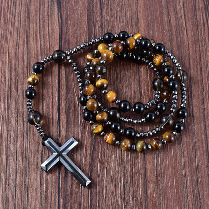 Natural Black Onyx and Tiger Eye Stone Catholic Rosary Necklace with Hematite Cross Pendant for Men