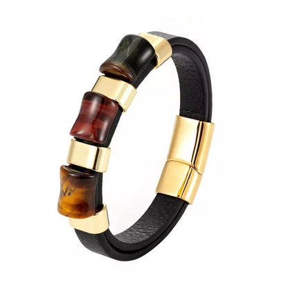 Novel Bone Type Organic Stainless Steel Rope with Tiger's Eye Leather Bracelet Ideal gift for Men