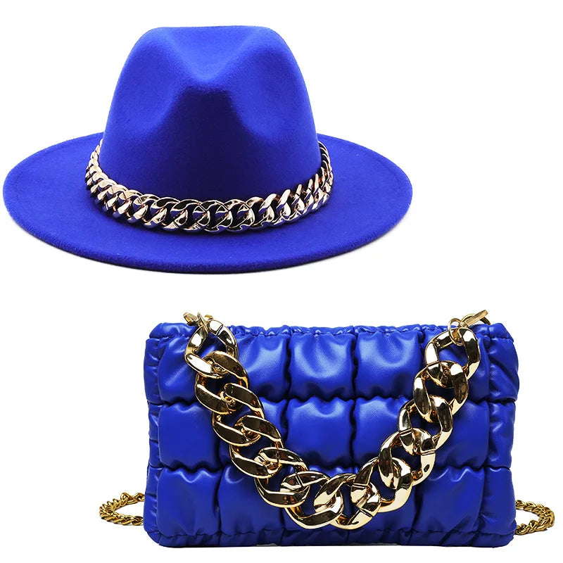 Hat for Women: Autumn Winter New Party Jazz Fedora Hats With Fashion Luxury Oversized Chain Accessory Bag Two-piece Set